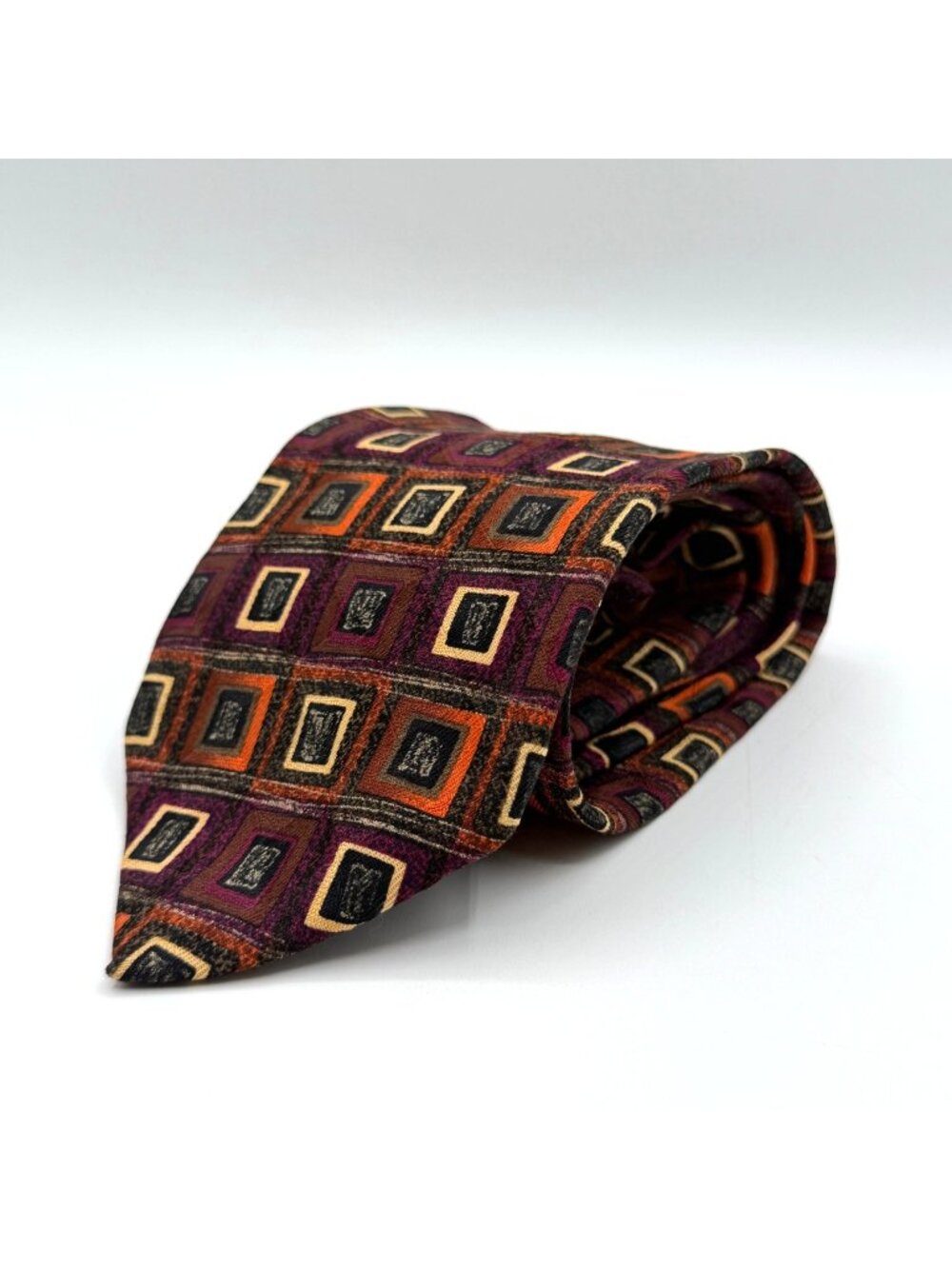 J. Riggings Brown Multicolor Geometric Square Pattern All Silk Tie 57" x 3.5"
